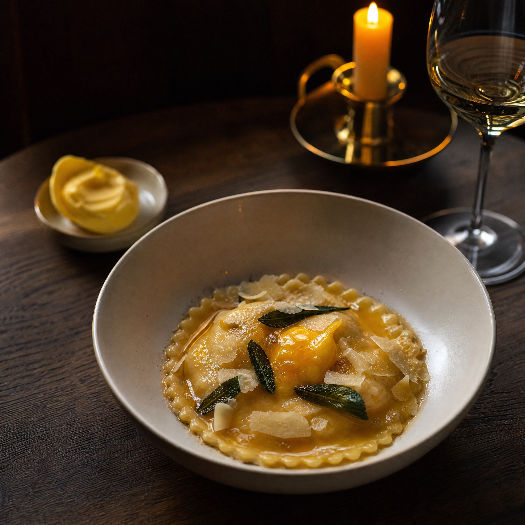 Handgemaakte raviolo met eigeel en salie