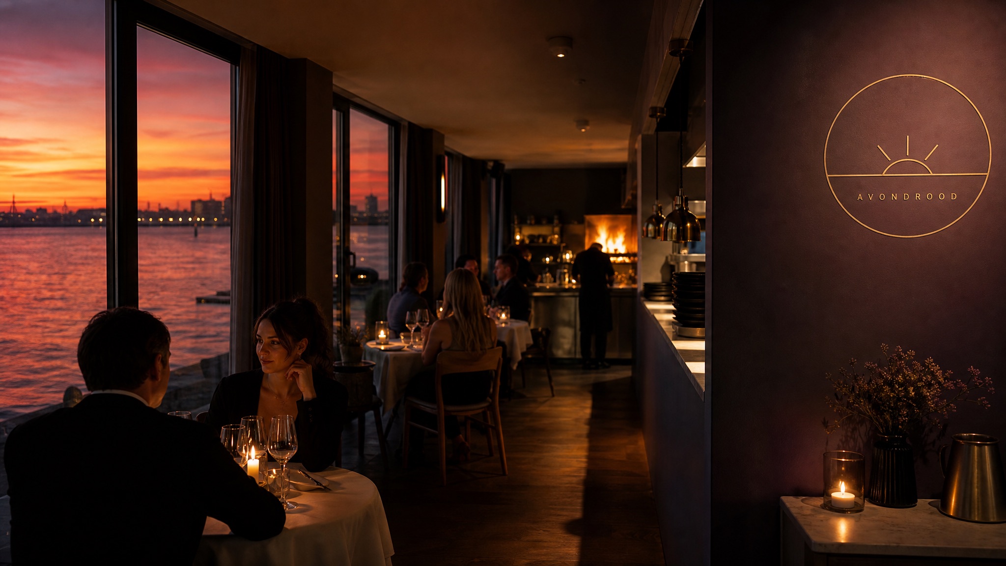 De zaal van Avondrood bij zonsondergang aan het IJ