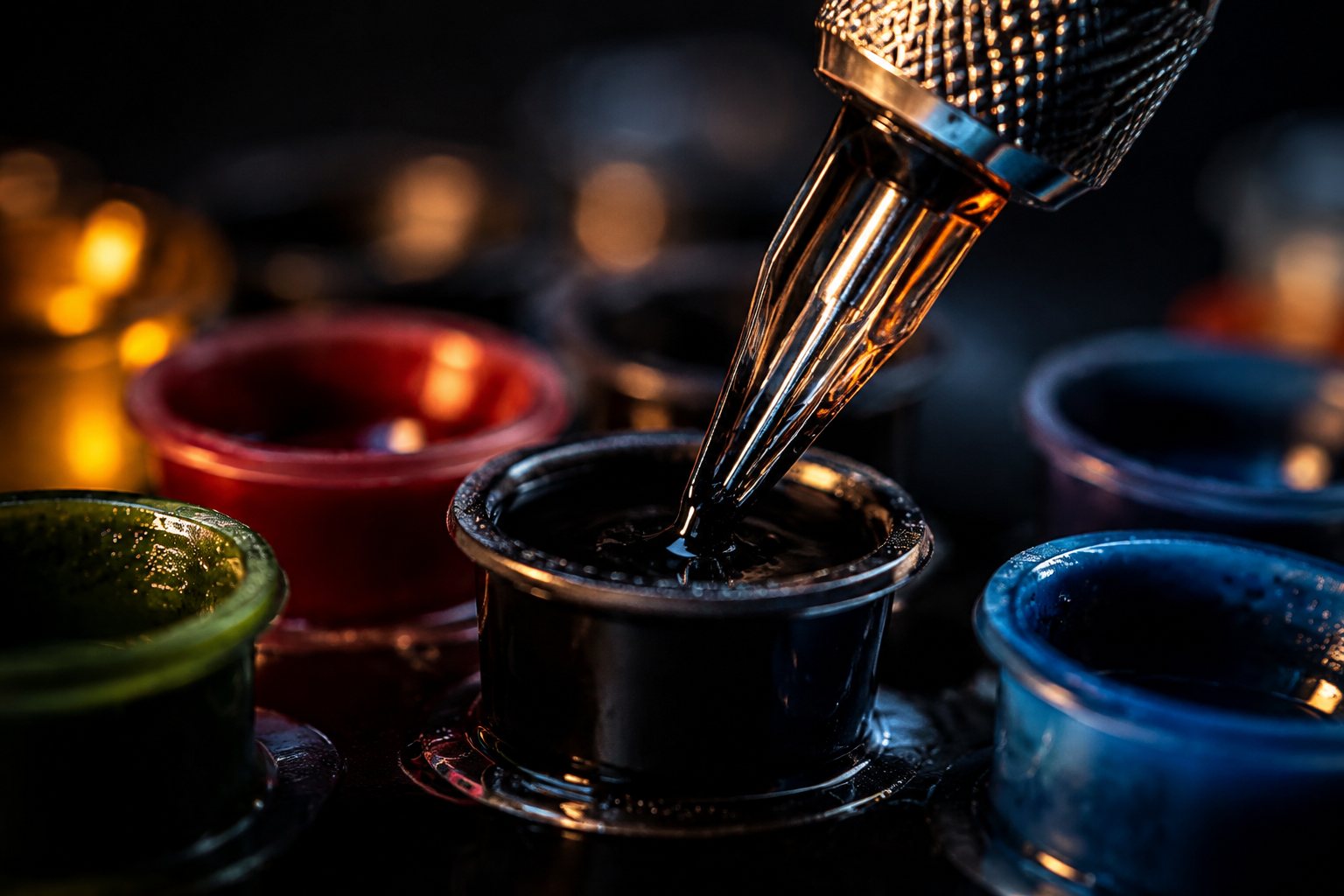 Inktpotjes en werkmateriaal klaar voor een sessie