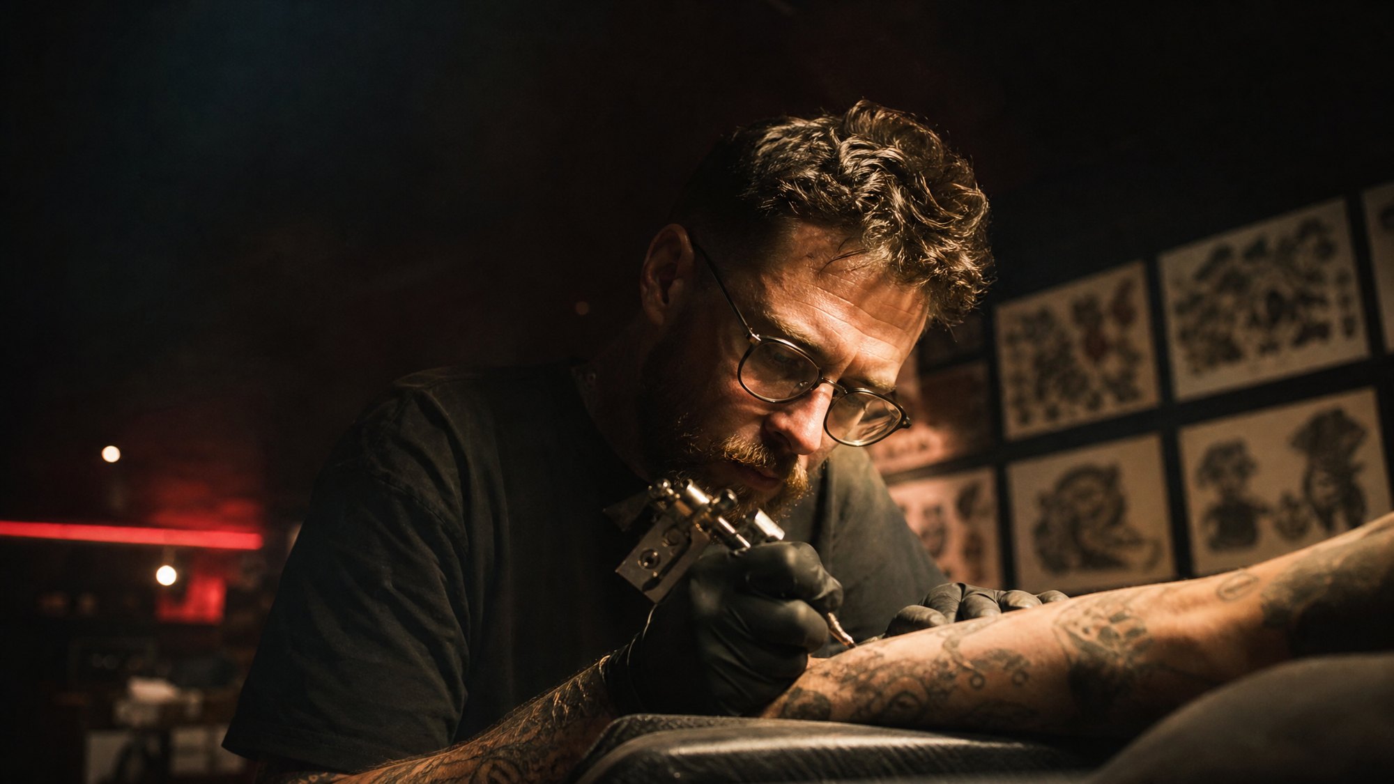 Tatoeëerder zet een traditional tattoo in de studio
