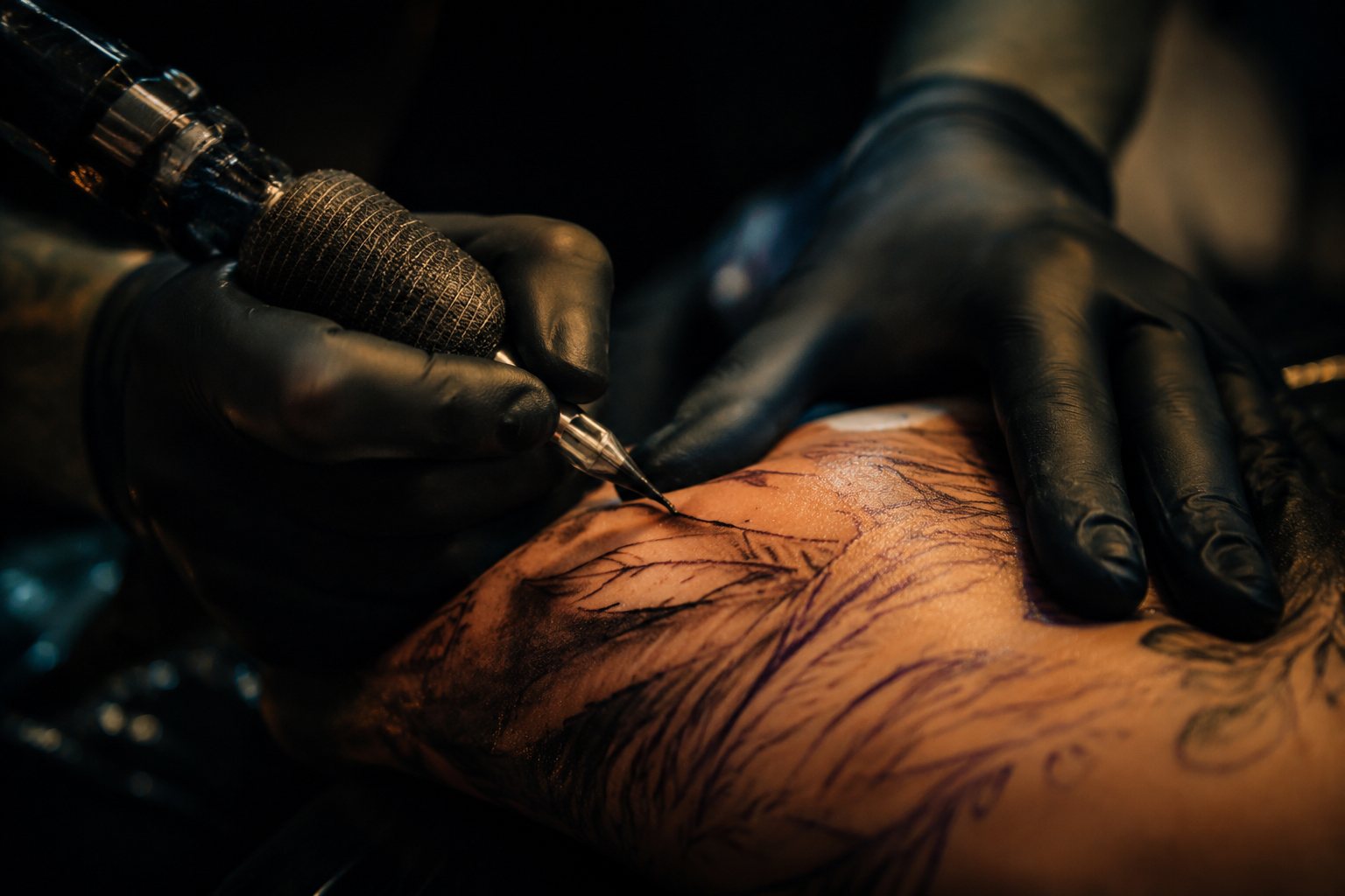 Tatoeëerder aan het werk met zwarte handschoenen, close-up van het naaldwerk