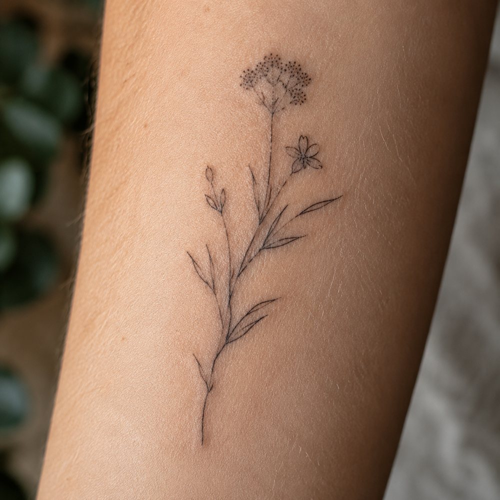 Fine line botanische tak op onderarm