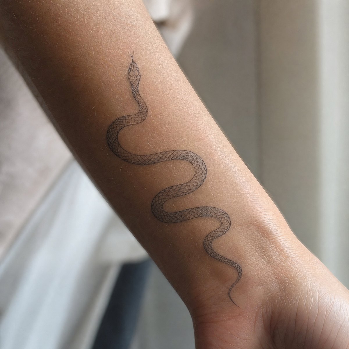 Fine line slang-tattoo langs de arm