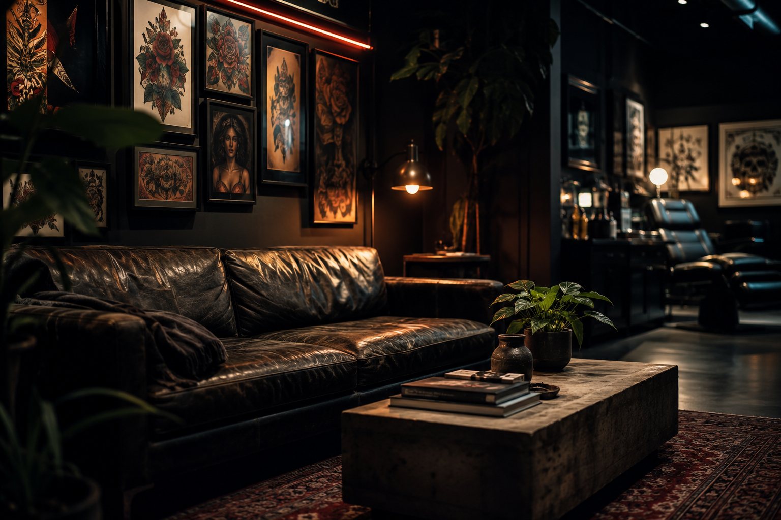 De wachtruimte van het atelier in warm avondlicht