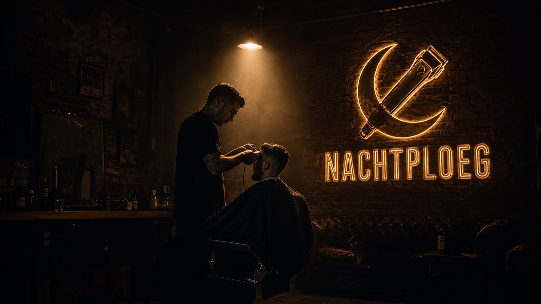 Barbier aan het werk onder één warme spot, het NACHTPLOEG-neon op de bakstenen muur