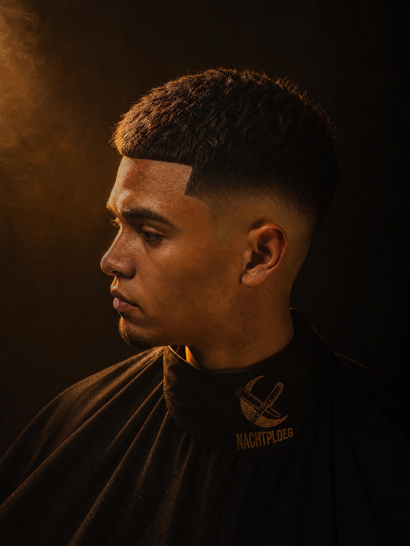 Burst fade met strakke line-up, cape met sikkel-logo