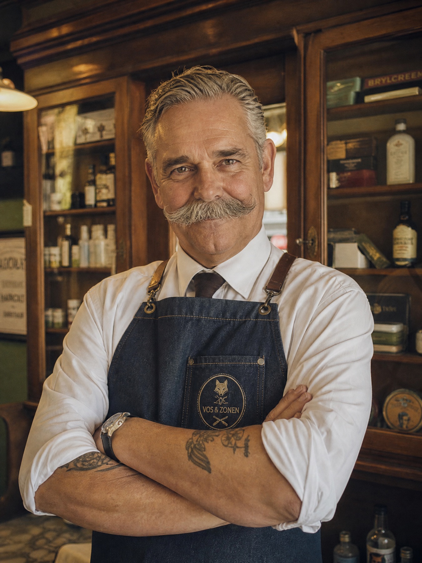 Ad Vos, meester-barbier en derde generatie, met het vos-embleem op z'n schort