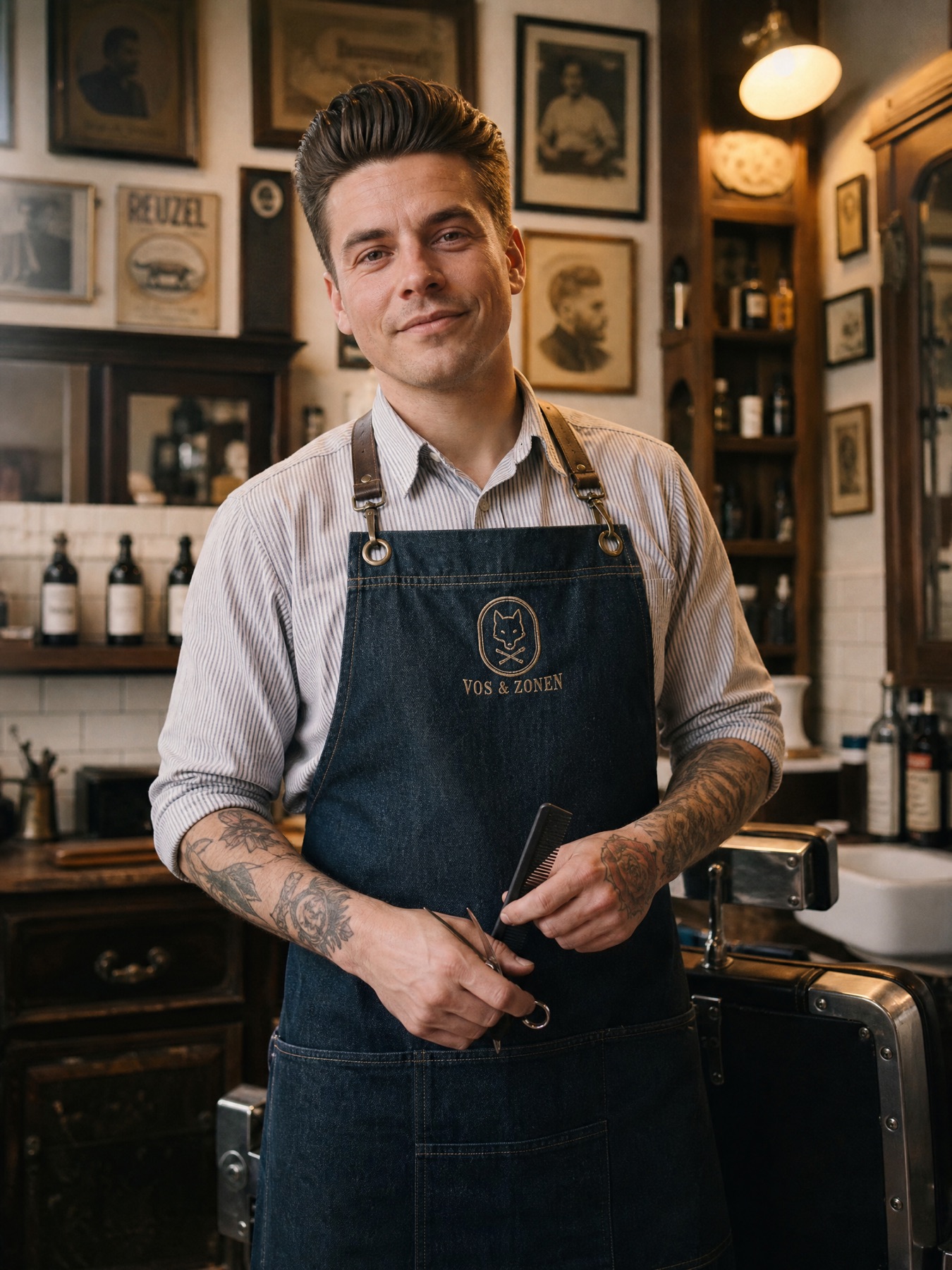 Teun, barbier bij Vos & Zonen, gespecialiseerd in fades en klassiek