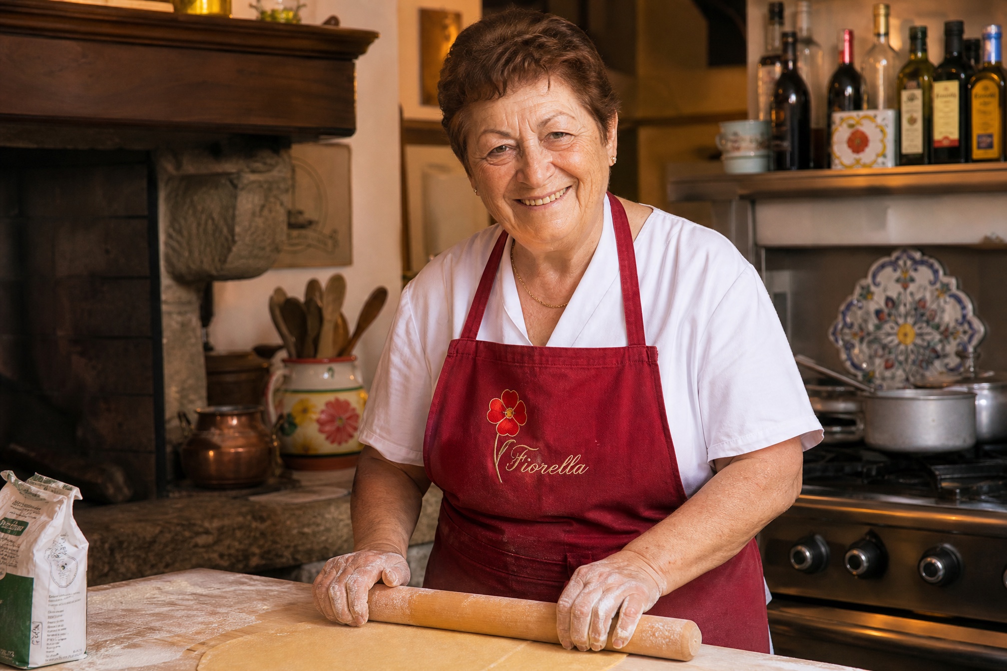 Nonna Carla rolt verse pasta, de Fiorella-bloem geborduurd op haar rode schort