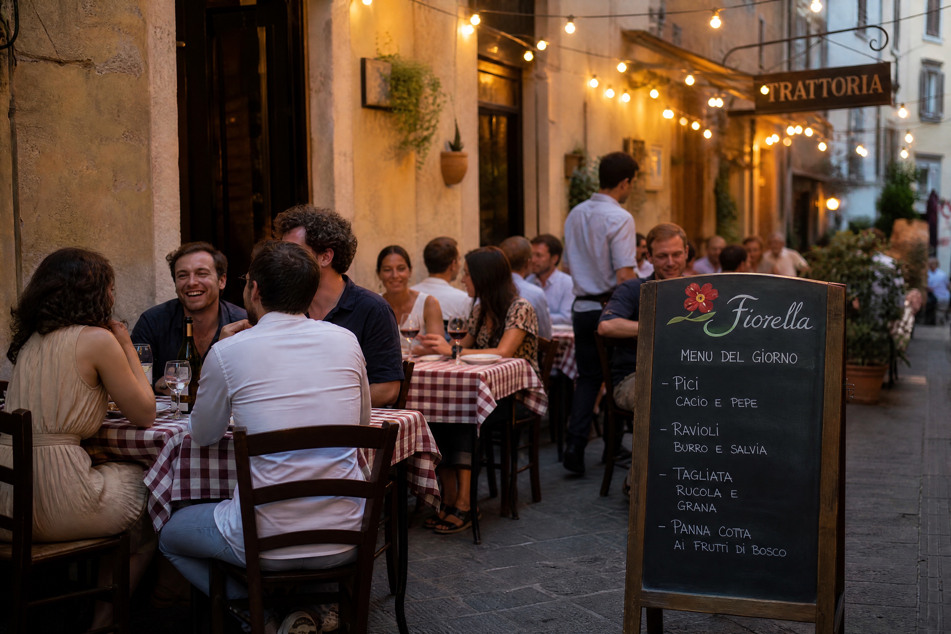 Het zomerterras van Fiorella in avondlicht, het krijtbord met de bloem erop geschilderd