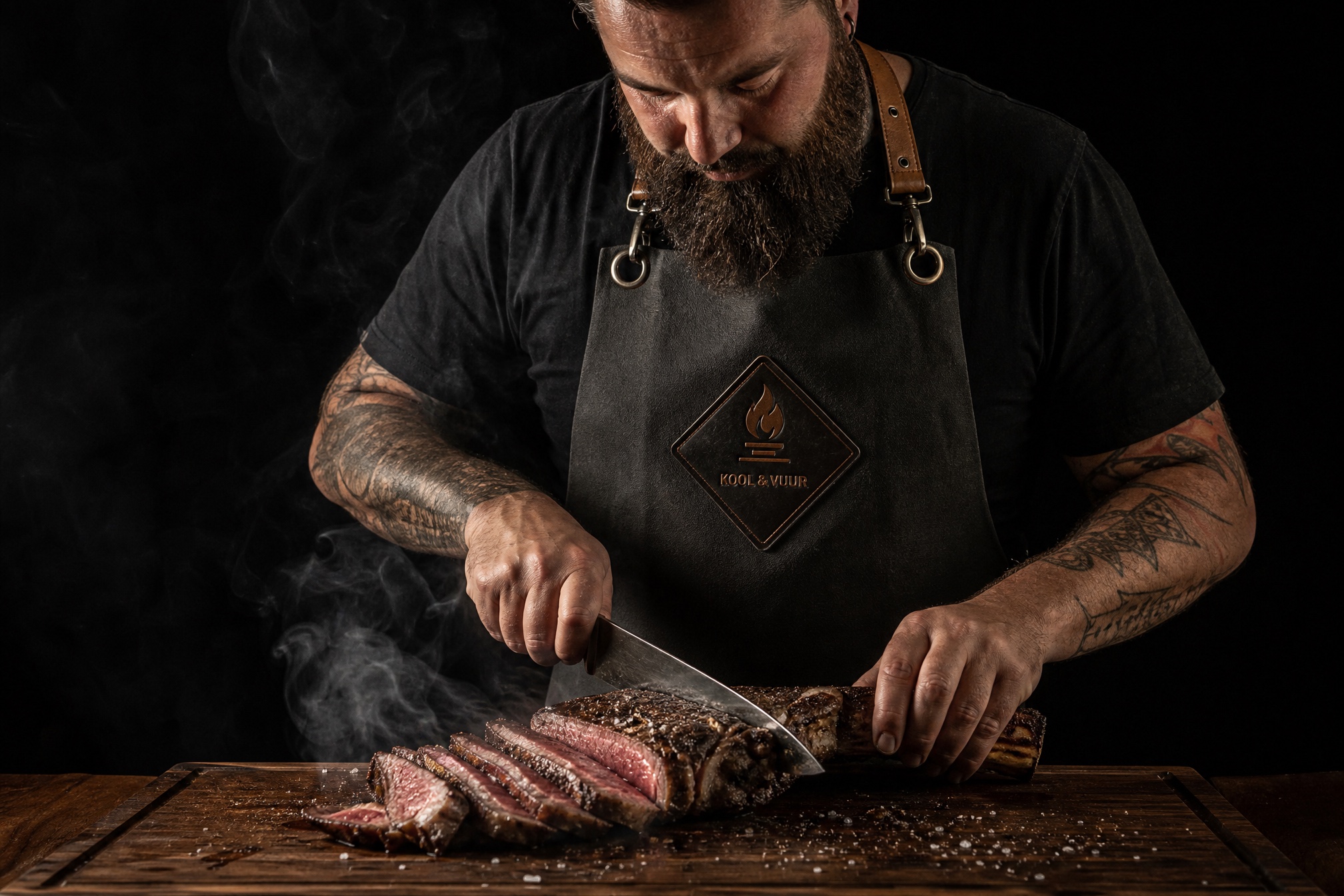 De chef trancheert een côte de boeuf onder één spot, het vlam-embleem op het leren schort