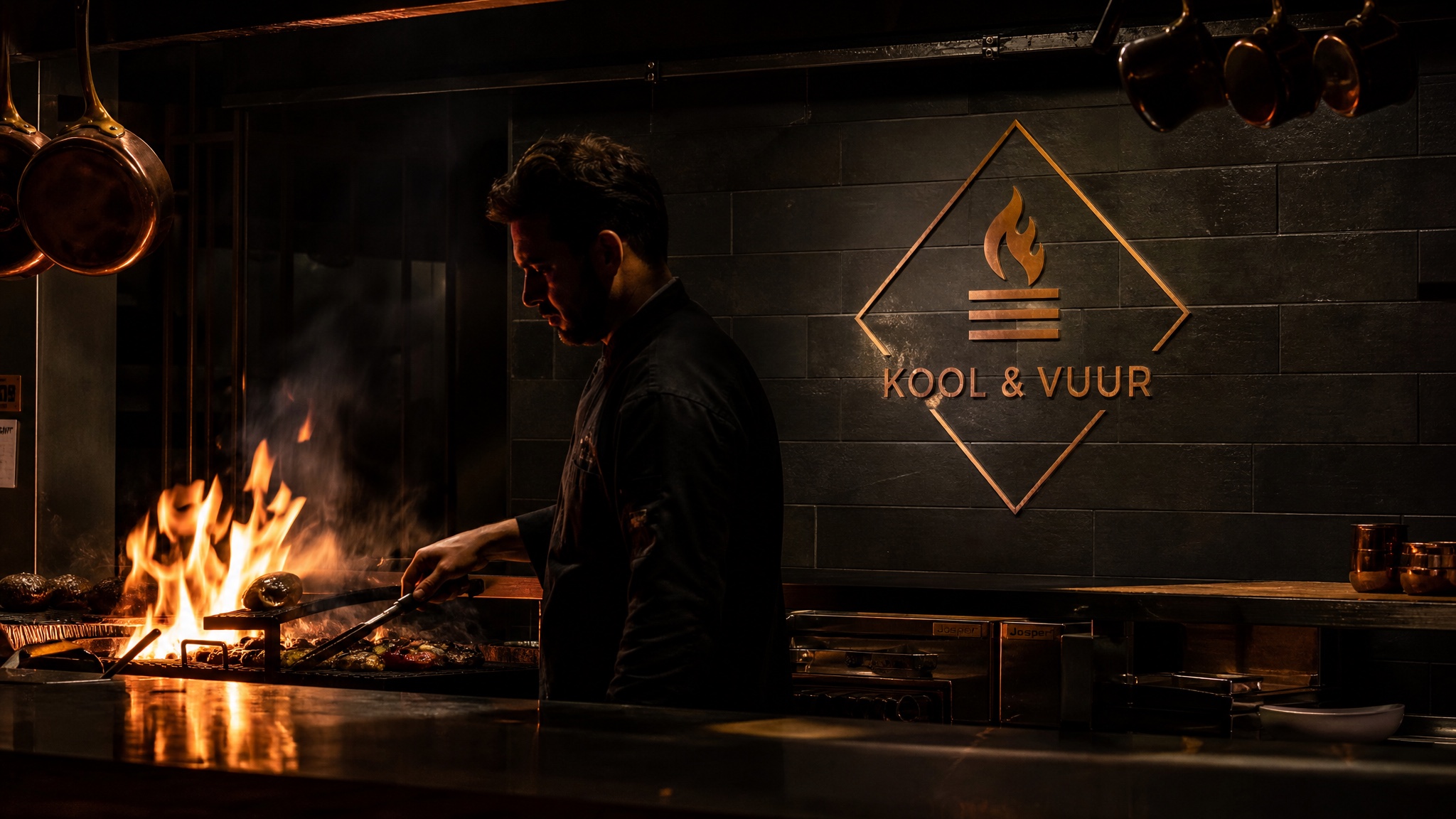 De open keuken van Kool & Vuur: vlammen uit de houtskoolgrill, chef in silhouet, het koperen vlam-embleem op de wand