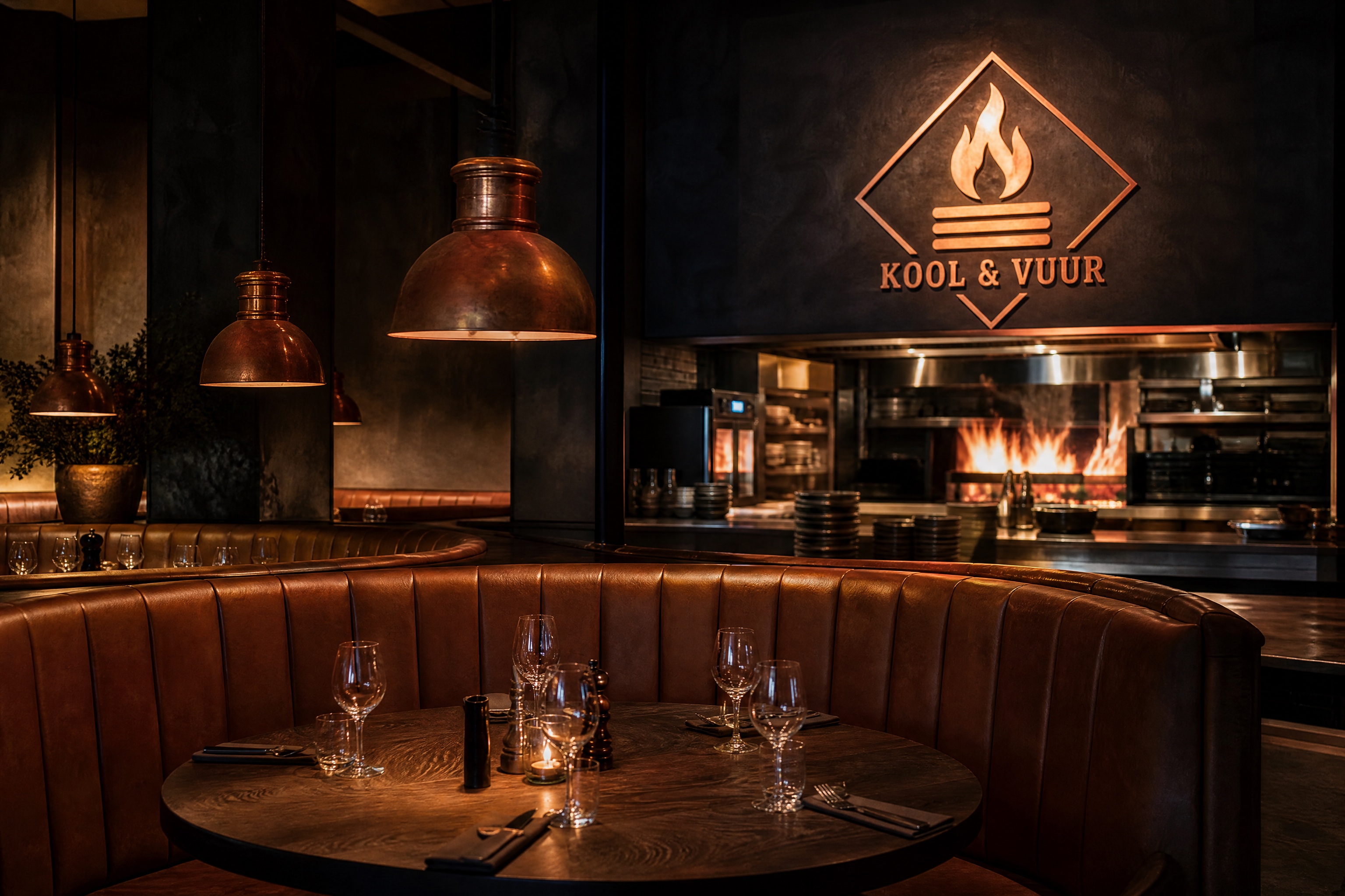 Het interieur: cognac leer, koperen lampen, open vuur achterin
