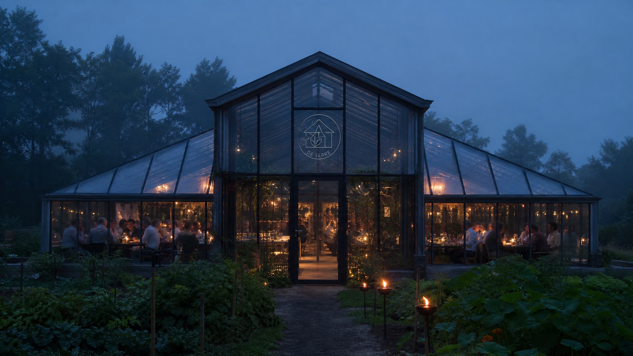 De verlichte kas van restaurant De Serre in de schemering, met het serre-monogram geëtst in het glas
